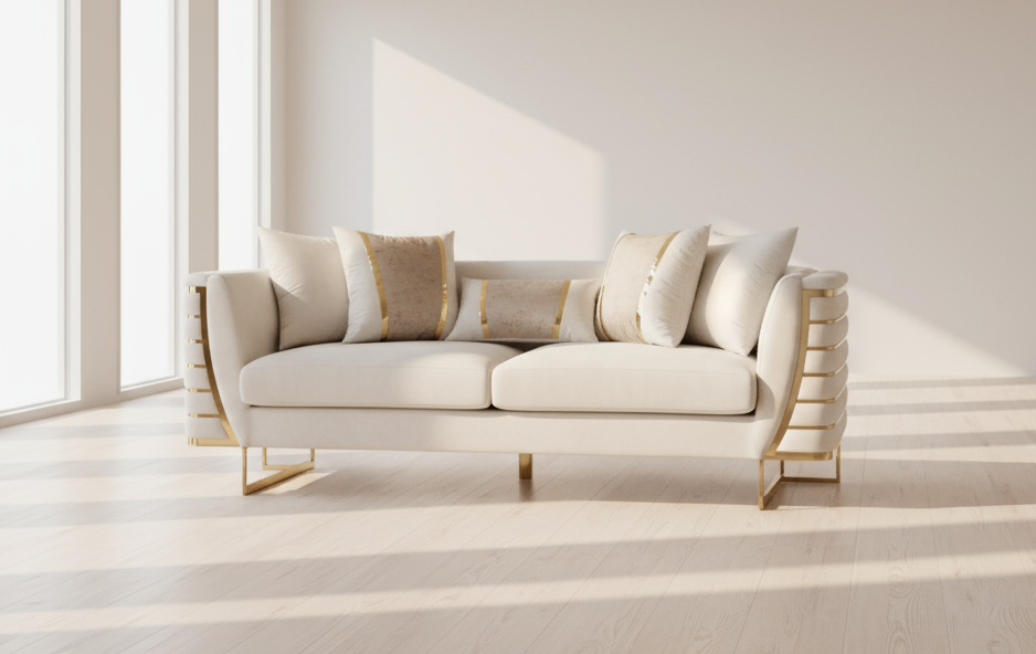 Beige sofa in a minimalistic room with large windows