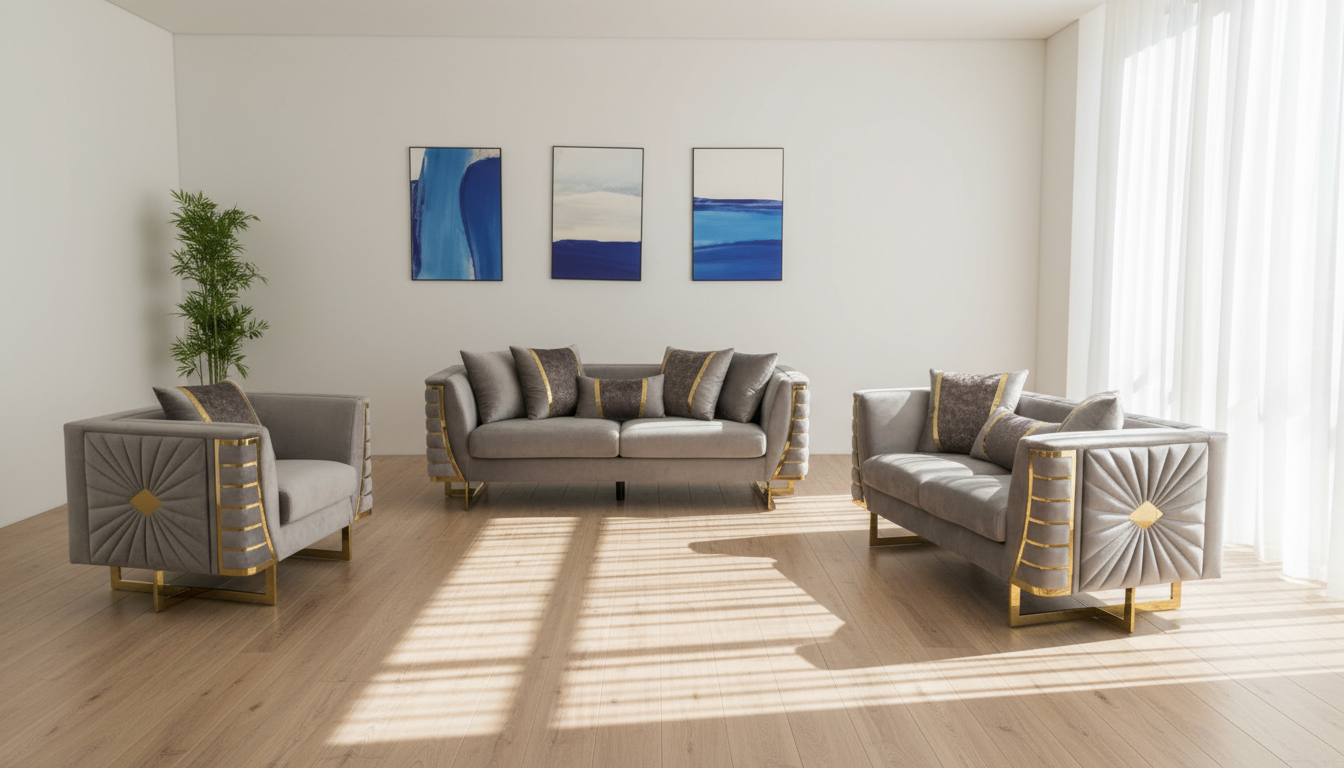 Modern living room with gray sofa set and decorative pillows in a minimalistic setting.
